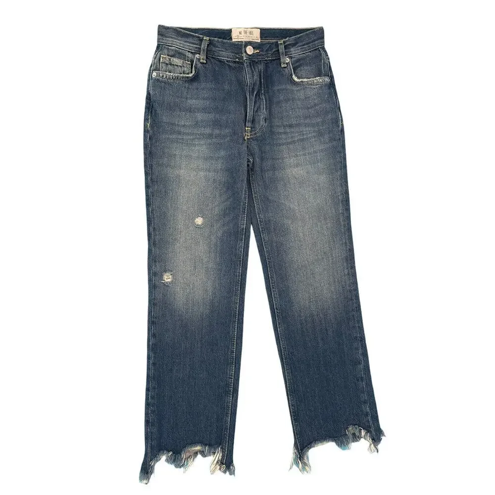Free People Jeans Size 25 Straight Leg Maggie Mid Rise Raw Hem Button Fly